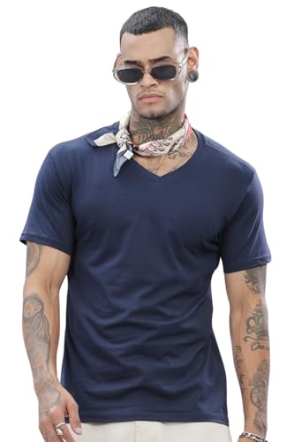 ADRO Men's V Neck Solid Cotton T-Shirt (VN-M-PLN-NB_Navy_XL)