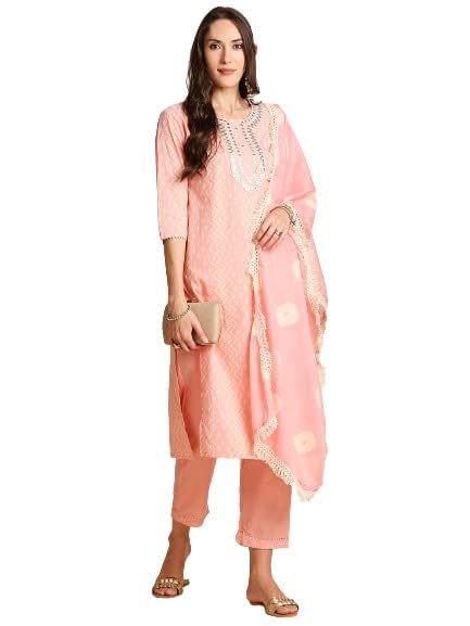 anubhutee Women Pink Bandhani Printed Thread Work Pure Cotton Kurta with Trousers with & Dupatta