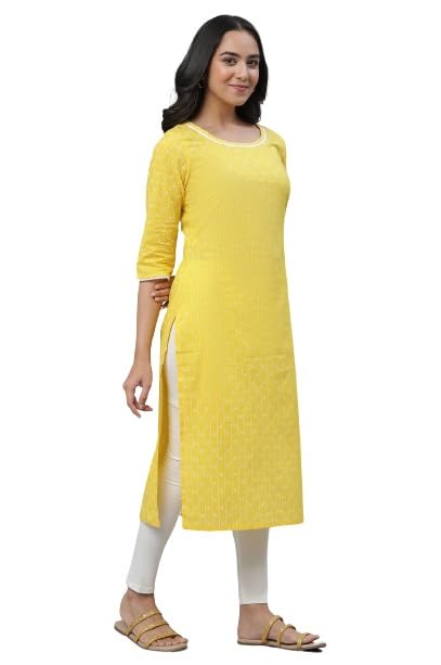 Aurelia Yellow Vertical Striped Cotton Regular Kurta For Women