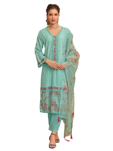 Varanga Women Floral Motif Thread Embroidered & Orangza Lace Detailed Kurta With Trouser & Dupatta