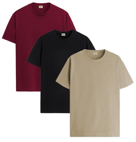 ADRO Men's Solid Regular Fit T-Shirt (RCM3-PLN-BL-BE-MR_Black,Beige,Maroon