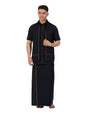 Prakasam Cotton Mens Single Small Border (1.28X2.00 Mtrs) Black Dhoti + Readymade Half Sleeve Shirt + Black Small Border Towel