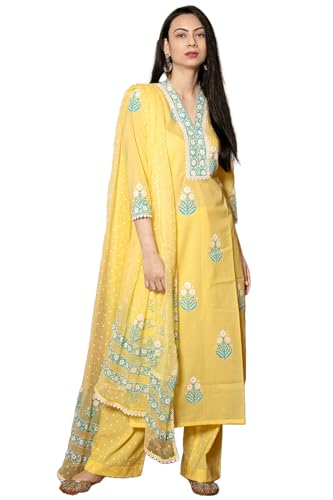 GoSriKi Womens Cotton Blend Straight Hand Block Printed Kurta with Pant & Dupatta (Belagavi Mustard-GS_XL_Mustard_X-Large)