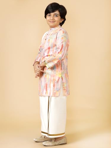 A.T.U.N. (All Things Uber Nice) Boys Peach Printed Kurta With Elasticated Mundu With Underneath Shorts Set
