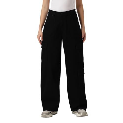 Women Black High Waist Straight Fit Cargo Jeans