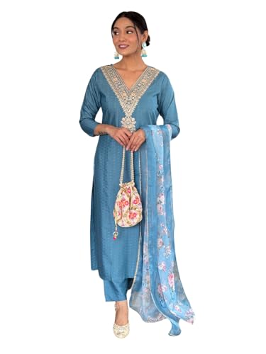 Toochki Women's Aqua Blue Viscose Rayon Straight Embroidered Kurti and Palazzo & Printed Dupatta Set