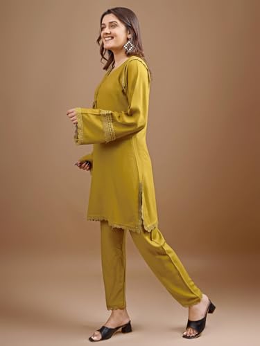 Womanista Women's Mustard colour rayon lace work tunic with trouser cord set(Co-ords_9092)