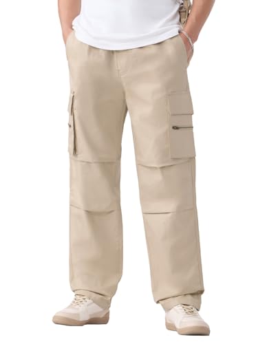 The Souled Store Cargo Pants: Creamy Beige Men and Boys Adjustable Buckle Waist Solid Cotton Twill Lightweight Everyday Straight