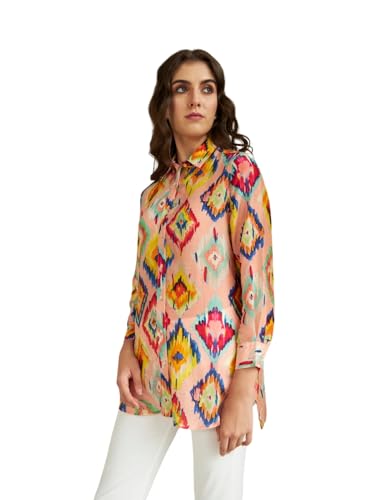 Leriya Fashion Womens Rayon Ikat Printed Casual Shirt Tops for Women Long Cuff Sleeves Collared Neck Button Down Tunic for Outi