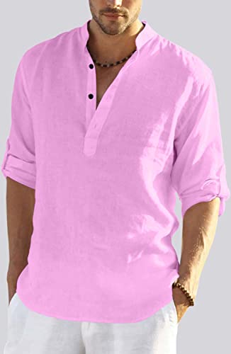 Hemadhav MenS Regular Fit Cotton Blend Casual Kurta Light Pink