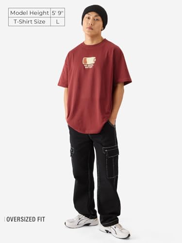 The Souled Store No Social Battery Drop Shoulder Short Sleeve Round Neck Maroon Graphic Printed Cotton Oversized Baggy T-Shirts
