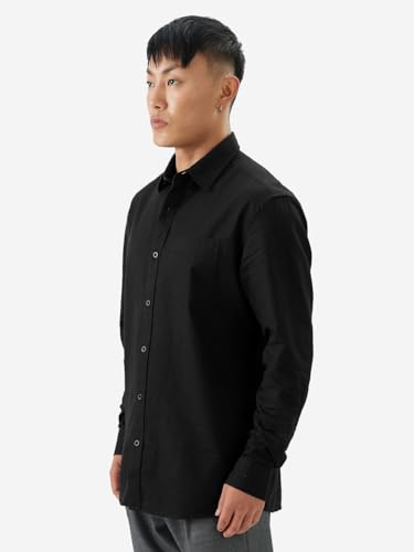 The Souled Store Bold Black Men And Boys Long Sleeve Collared Neck Buttoned Front Regular Fit Cotton Linen Shirts