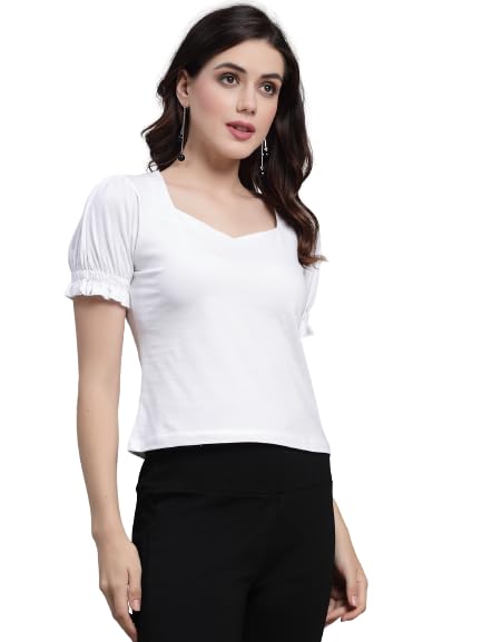Style Quotient Women Solid White Cotton Knit Smart Casual Top