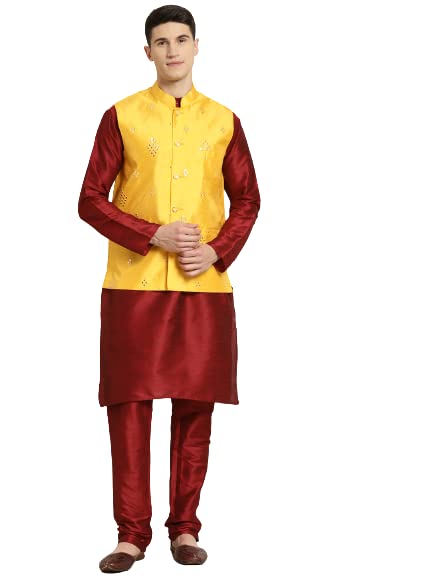 SOJANYA (Since 1958 Men's Silk Blend Maroon Kurta & Churidaar Pyjama With Mirror Work Nehrujacket Set
