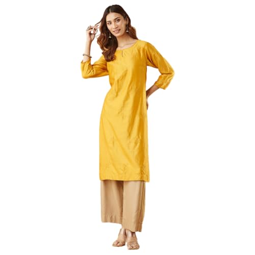 Fabindia Women's Cotton Silk Embroidered Regular Kurta