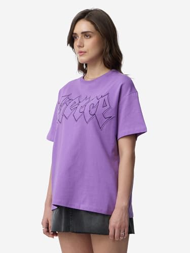 The Souled Store House of Dragon: Fierce Women and Girls Short Sleeves Round Neck Purple Embellished Cotton Oversized T-Shirts