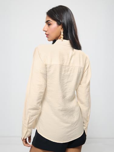 The Souled Store Buckle Shirt: Women and Girls Full Sleeves Spread Collar Solid Textured Viscose Nylon Blend Regular Fit Lightwe