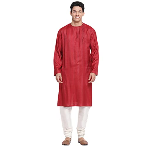 Fabindia MenS Viscose Blend Dobby Slim Kurta (102594802_Red