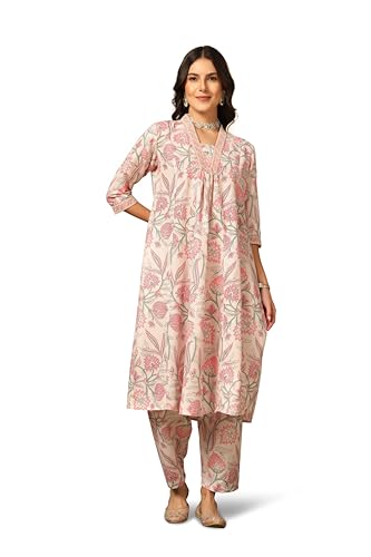 GRECIILOOKS Women SEMI Cotton Alia Cut Regular Fit Kurta Set (Off White, Small)