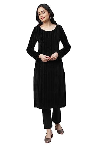 Aurelia Women Black Cotton Blend Geometric Yarn Dyed Straight Kurta