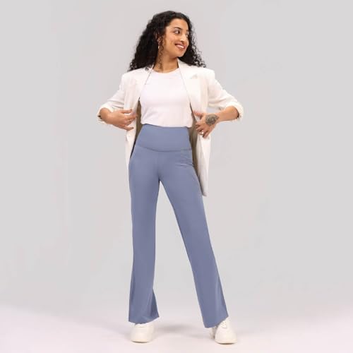 BlissClub Ultimate Flare Pants for Women Upto 54 ft | Ribbed Waistband, 4 Pockets | High Waist Trousers and Formal Pants for Of