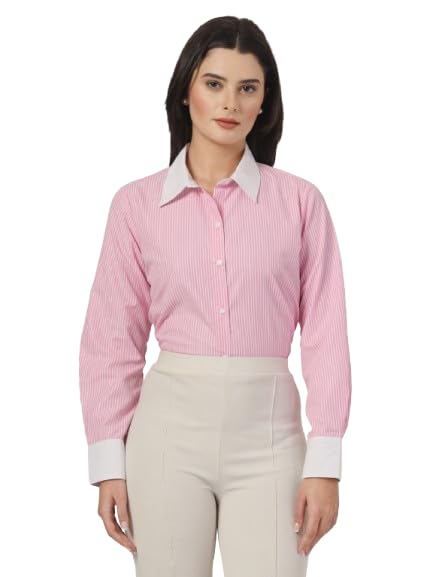 Style Quotient Women Stripe Pink and White Coloblock Polycotton Regular Formal Shirt
