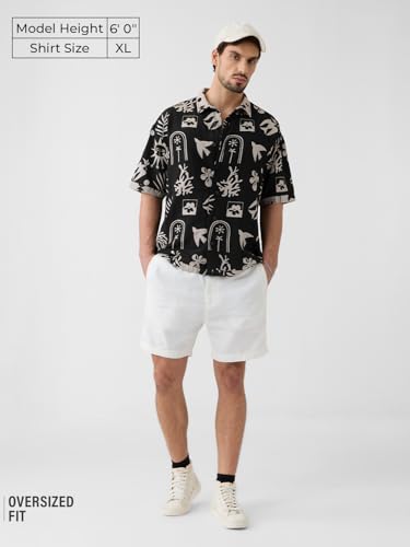 The Souled Store Monochrome Mirage Men and Boys Short Sleeves Collared Neck Button Front Black and White All Over Printed Cotton
