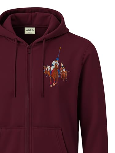 ADRO Mens Regular Fit Maroon Zip-Up Hoodie for Man | 320 GSM Cotton Poly Fleece Zipper Sweatshirt with Soft Fabric & Printed Hoo