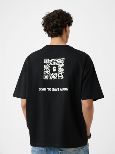 The Souled Store Oversized T-Shirt: Save The Dog Men and Boys Short Sleeves Round Neck Black Graphic Printed Cotton Oversized T-