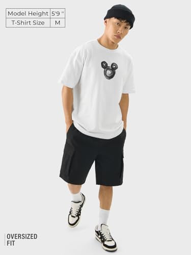 The Souled Store Official Mickey Mouse: Yo Men & Boys Short Sleeve Round Crew Neck White Graphic Printed Cotton Oversized T-Shir