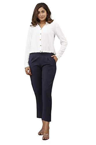 Digital Shopee Women Regular Fit Elastic Waist Full Length Cotton Formal Trouser For Casual Wear, Office Wear Navy