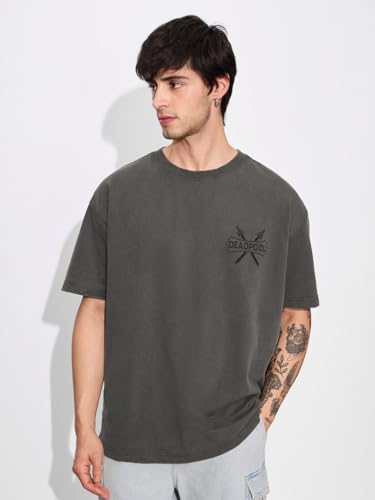 The Souled Store Official Deadpool: Miss Me? Men And Boys Short Sleeves Round Neck Grey Graphic Printed Cotton Oversized T-Shirt