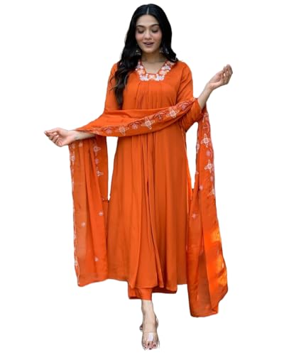 GoSriKi Womens Rayon Blend Anarkali Thread Work Kurta with Pant & Dupatta (ASHVTHAMA ORANGE-GS_L_Orange_Large)