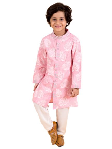 Pspeaches Boys Pink Floral Printed Panelled Pure Cotton Kurta With Pyjamas
