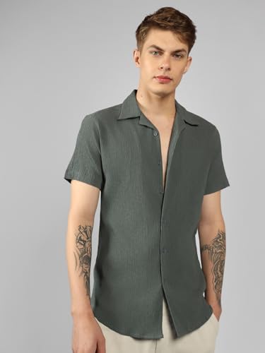Dennis Lingo MenS| Dark Grey| Half Sleeve| Cuban Collar| Striped| Relaxed Fit| Casual Shirt