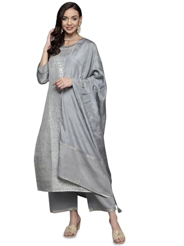 Libas Womens Woven Design Silk Blend Straight Kurta With Palazzos And Dupatta