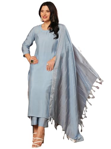 ANNI DESIGNER Womens Rayon Viscose Solid Straight Kurta with Pant & Dupatta (Hinoor Blue-VKS01_L_Blue_Large)