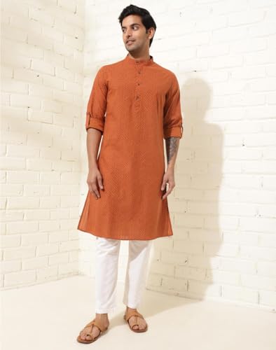 Fabindia MenS Cotton Printed Slim Kurta (1037104Rust_Rust