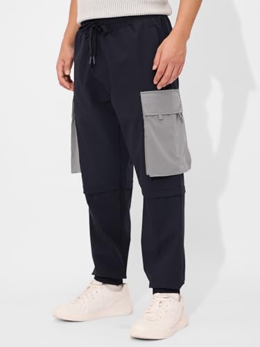 The Souled Store Solids: Navy Blue and Grey Men and Boys Drawstringed Baggy Fit Cargo Joggers