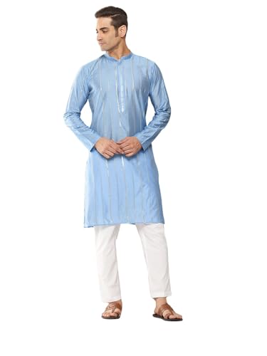 See Designs MenS Long Sleeve Mandarin Collar Turquoise Blue Sequins Embroidered Chanderi Silk Straight Kurta With Pyjama - Sdkt