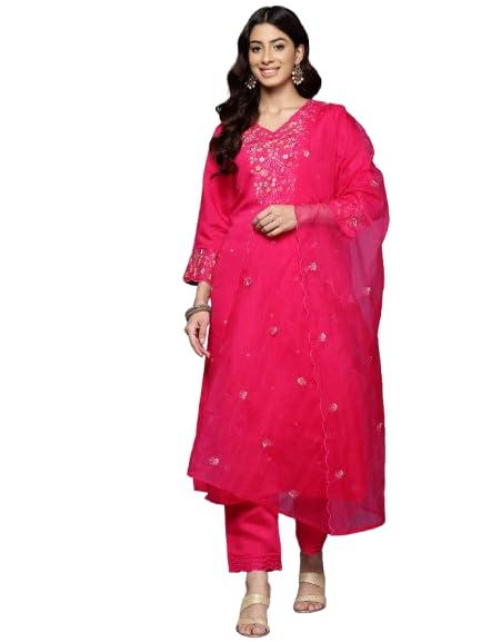VARANGA Women Fuchsia Thread Embroidered Organza Detailed Kurta With Bottom And Dupatta