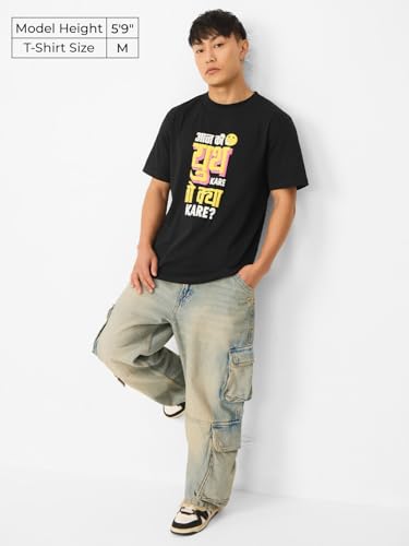The Souled Store Originals: Aaj Ki Youth Men and Boys Short Sleeves Round Neck Regular Fit Cotton T-Shirts Black