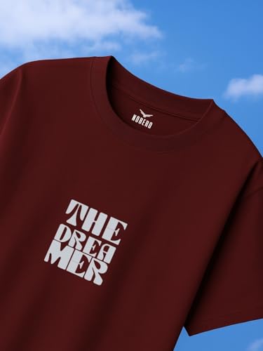Nobero MenS Typography Oversized Fit T-Shirt (1M-Twrt-C1018-Bl_The Dreamer-Wine Red