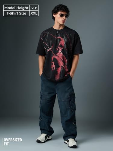 The Souled Store Daredevil: Red Rain Men and Boys Short Sleeves Round Neck Black Printed Cotton Oversized T-Shirts