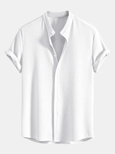 Greciilooks MenS Summer Casual Two Piece Outfit, Textured Button Down Shirt And Shorts Set White