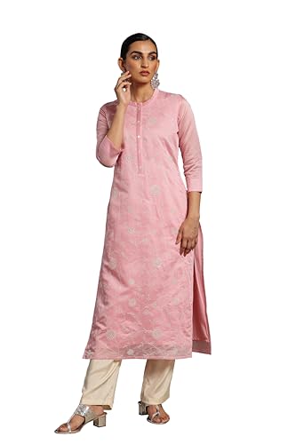 Libas Pink Woven Design Chanderi Silk Straight Kurta