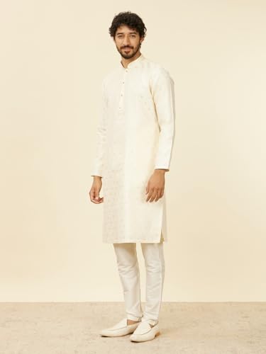 Manyavar Cream Art Silk Embroidery|Zari Weave Kurta Pyjama Set For Men