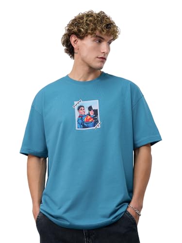 The Souled Store DC Comics: Superman and Batman Men and Boys Short Sleeves Round Neck Teal Graphic Printed Cotton Oversized T-Sh