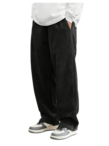 Avanova MenS Black Front Tie Loose Fit Corduroy Baggy Long Slacks Chino Pants With Slant Pocket Simple Casual Trousers, Going O