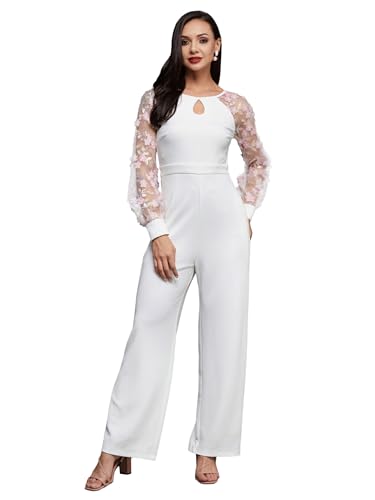Miss Chase WomenS Floral Keyhole Neck Bishop Sleeves Jumpsuit (Mcss23D15-90-114-05, Off White, L)
